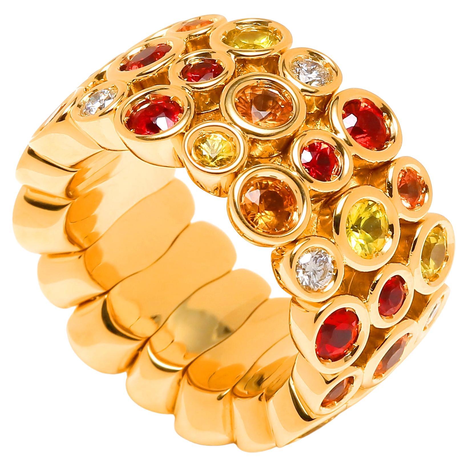 Anello di eternità in oro giallo 18 carati con rubino rosso, zaffiro giallo arancione e diamante in vendita