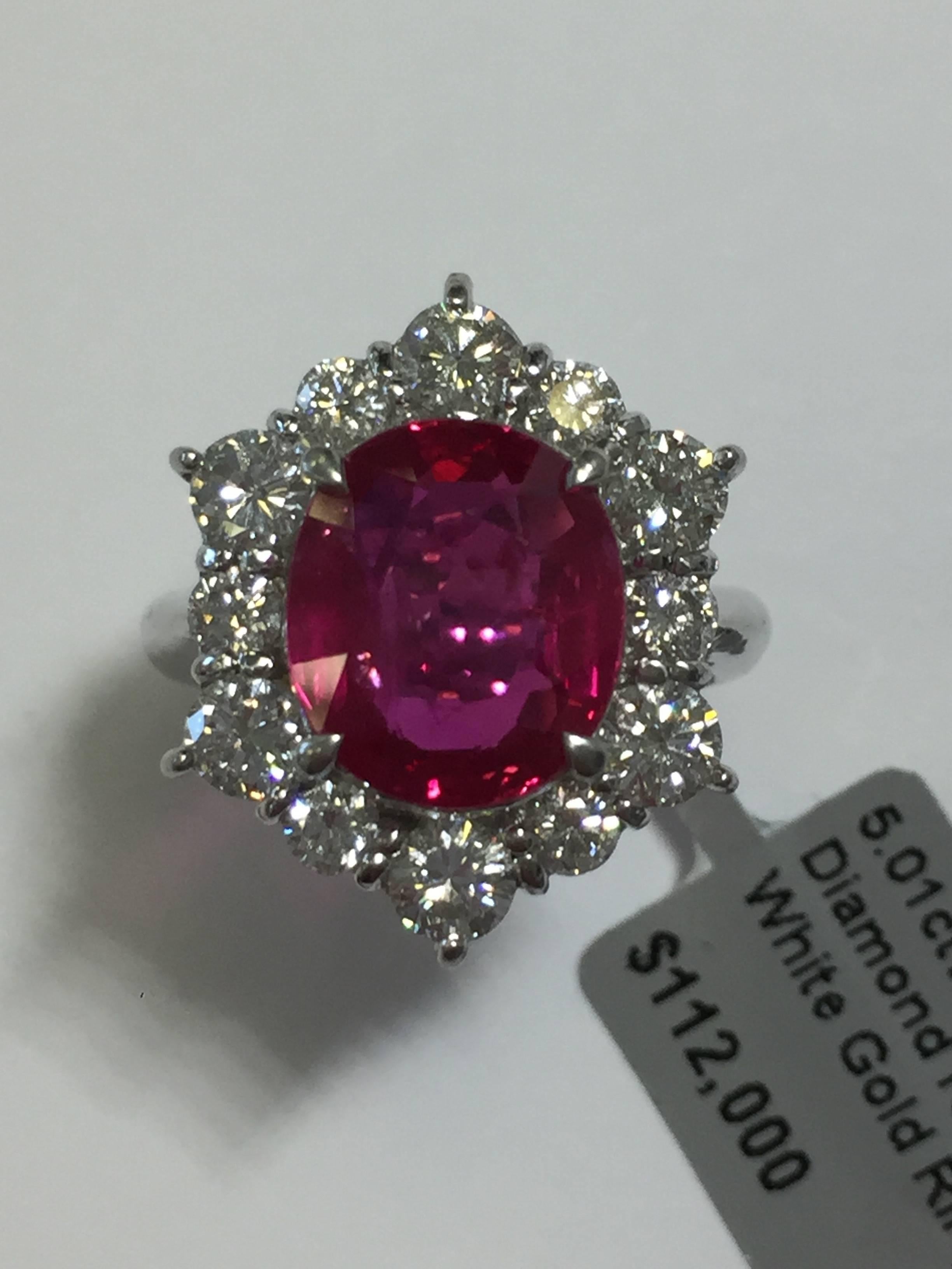 Oval Cut Red Ruby Oval and Diamond Round Platinum Cocktail Ring