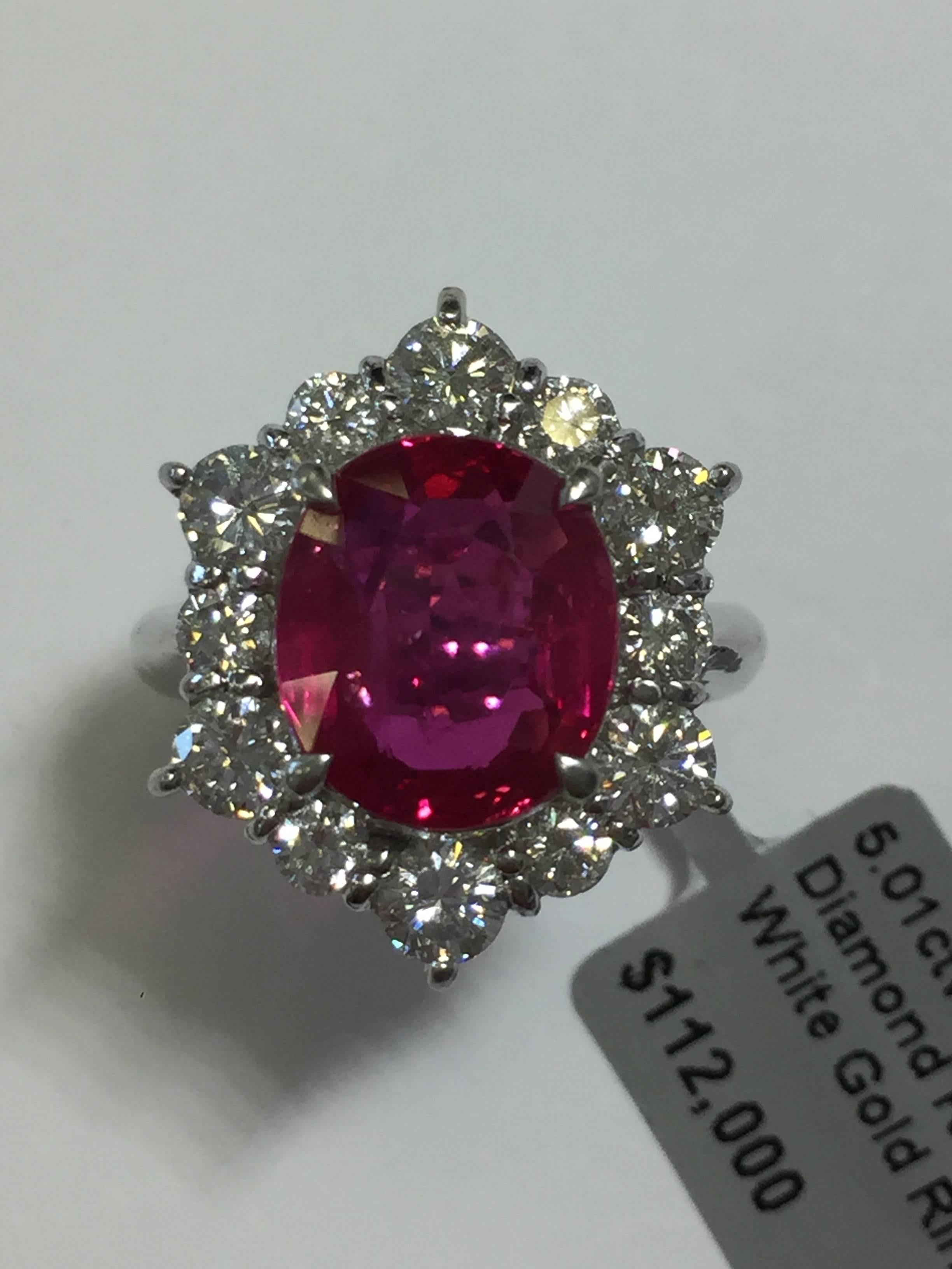 Red Ruby Oval and Diamond Round Platinum Cocktail Ring In New Condition In Los Angeles, CA