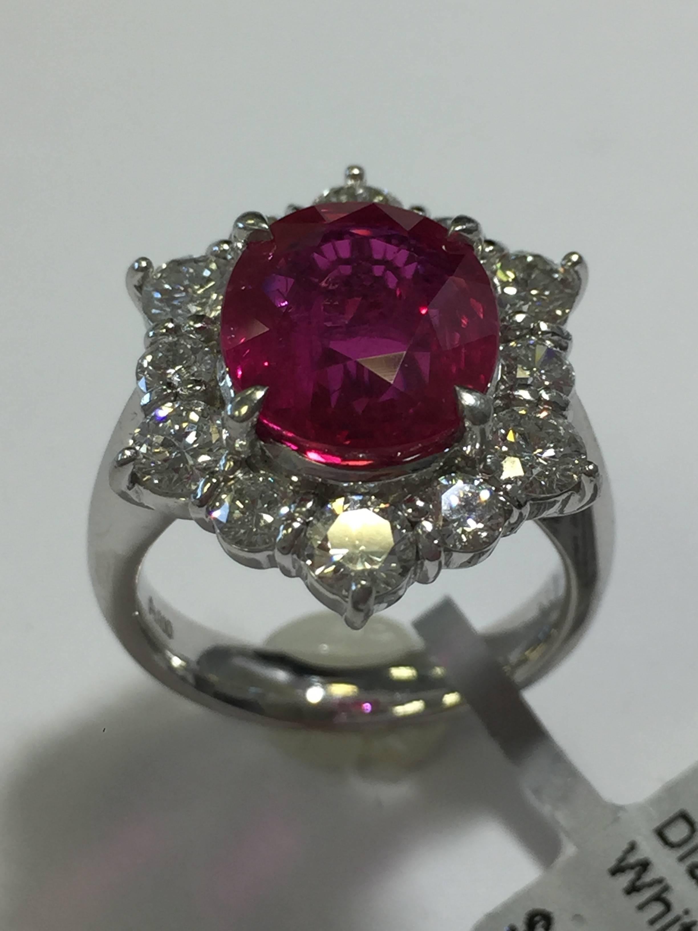 Women's or Men's Red Ruby Oval and Diamond Round Platinum Cocktail Ring