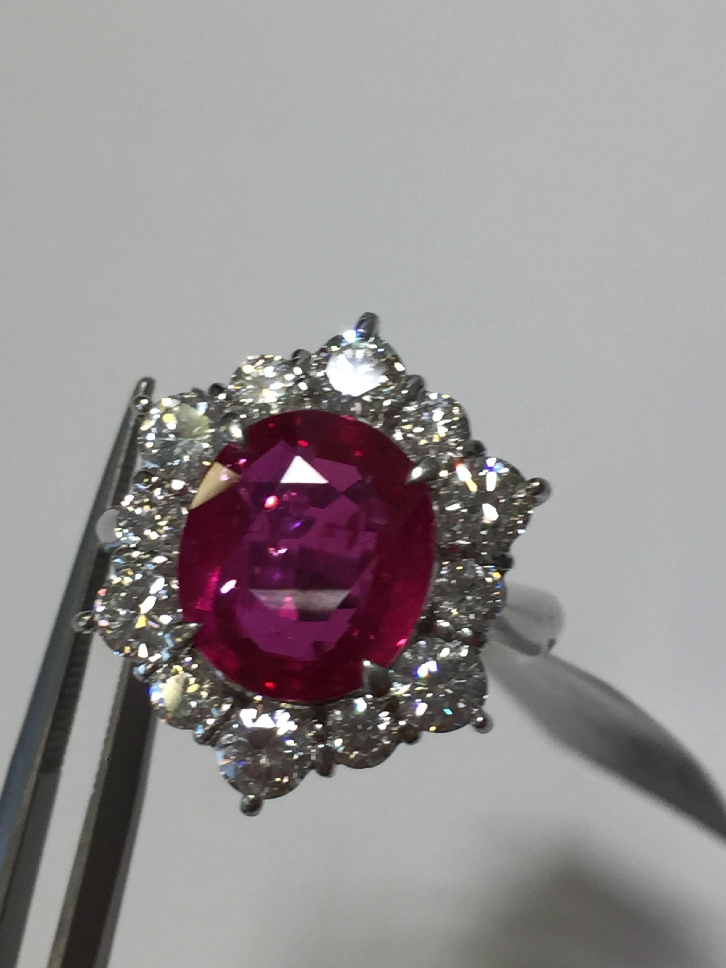 Red Ruby Oval and Diamond Round Platinum Cocktail Ring 2