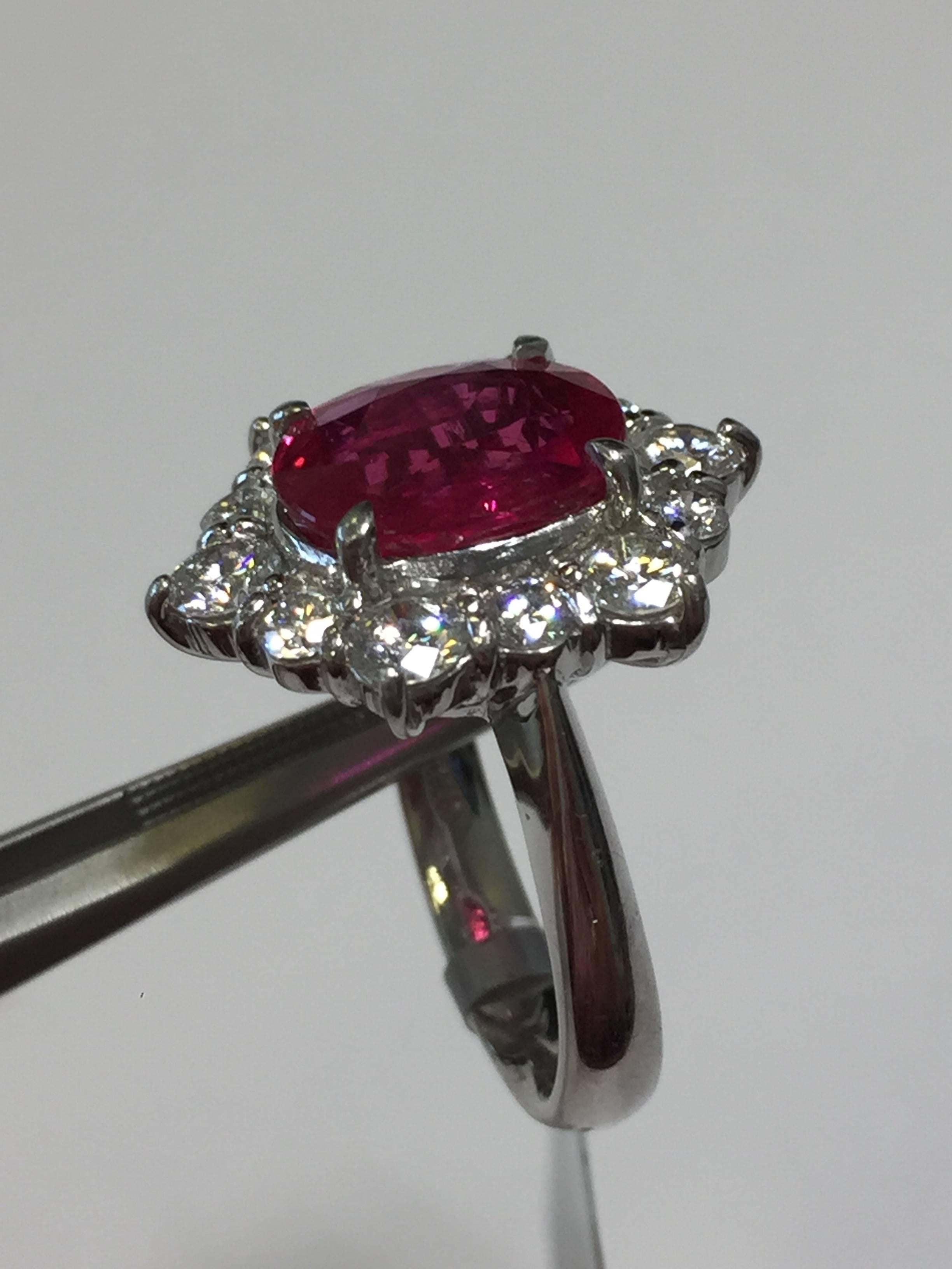Red Ruby Oval and Diamond Round Platinum Cocktail Ring 3