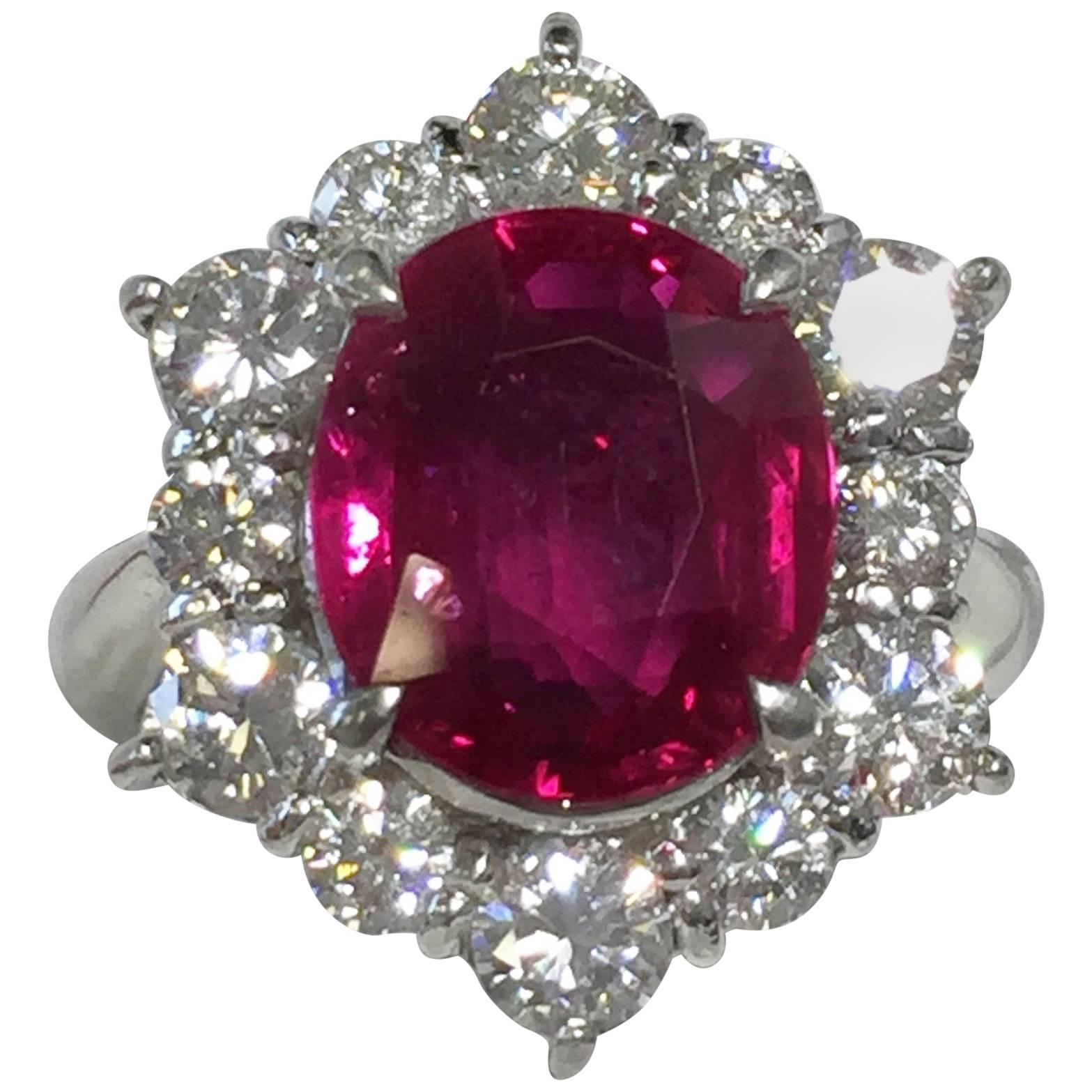Red Ruby Oval and Diamond Round Platinum Cocktail Ring