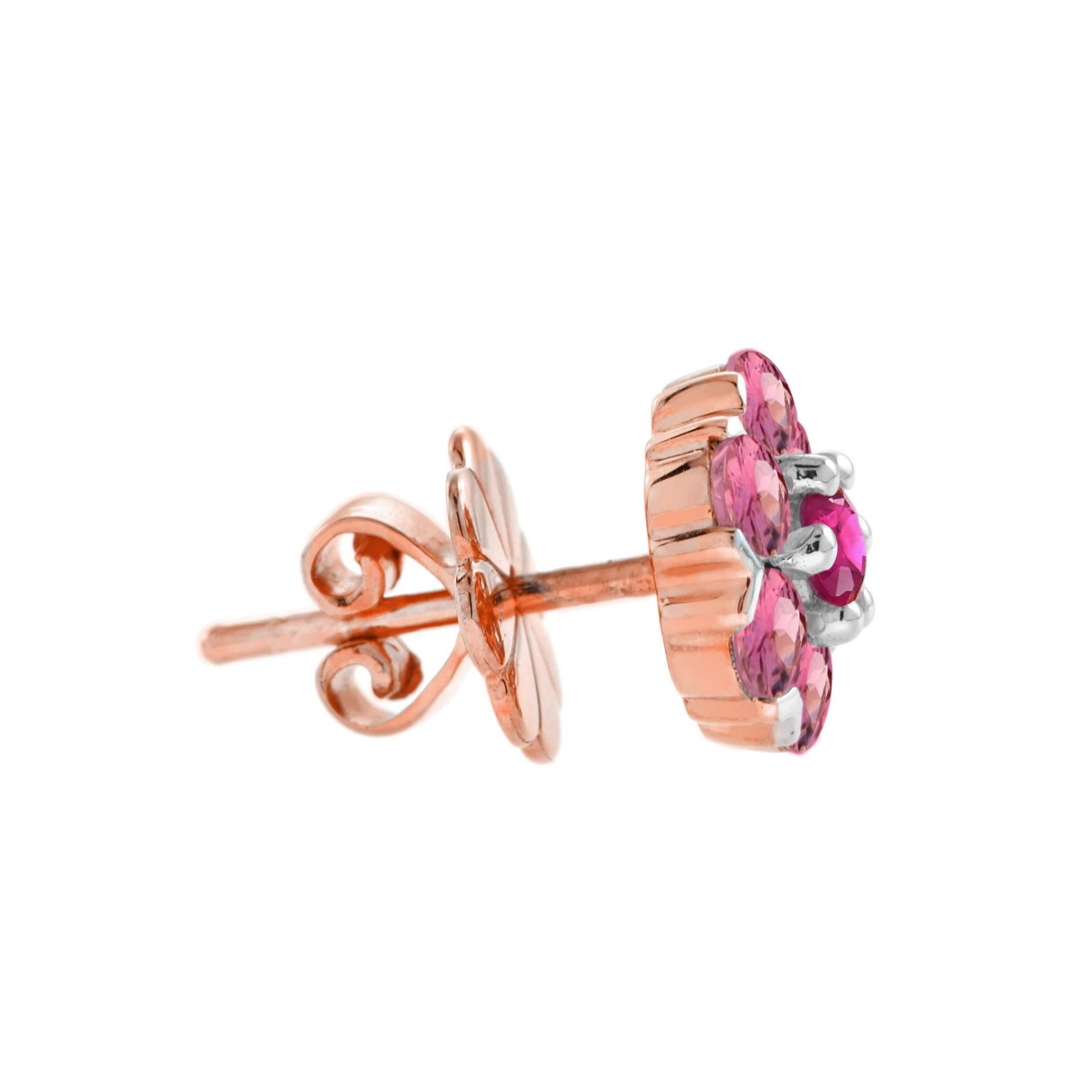 Red Ruby & Pink Tourmaline Floral Vintage Inspired Jewelry 14K Rose Gold Set For Sale 6