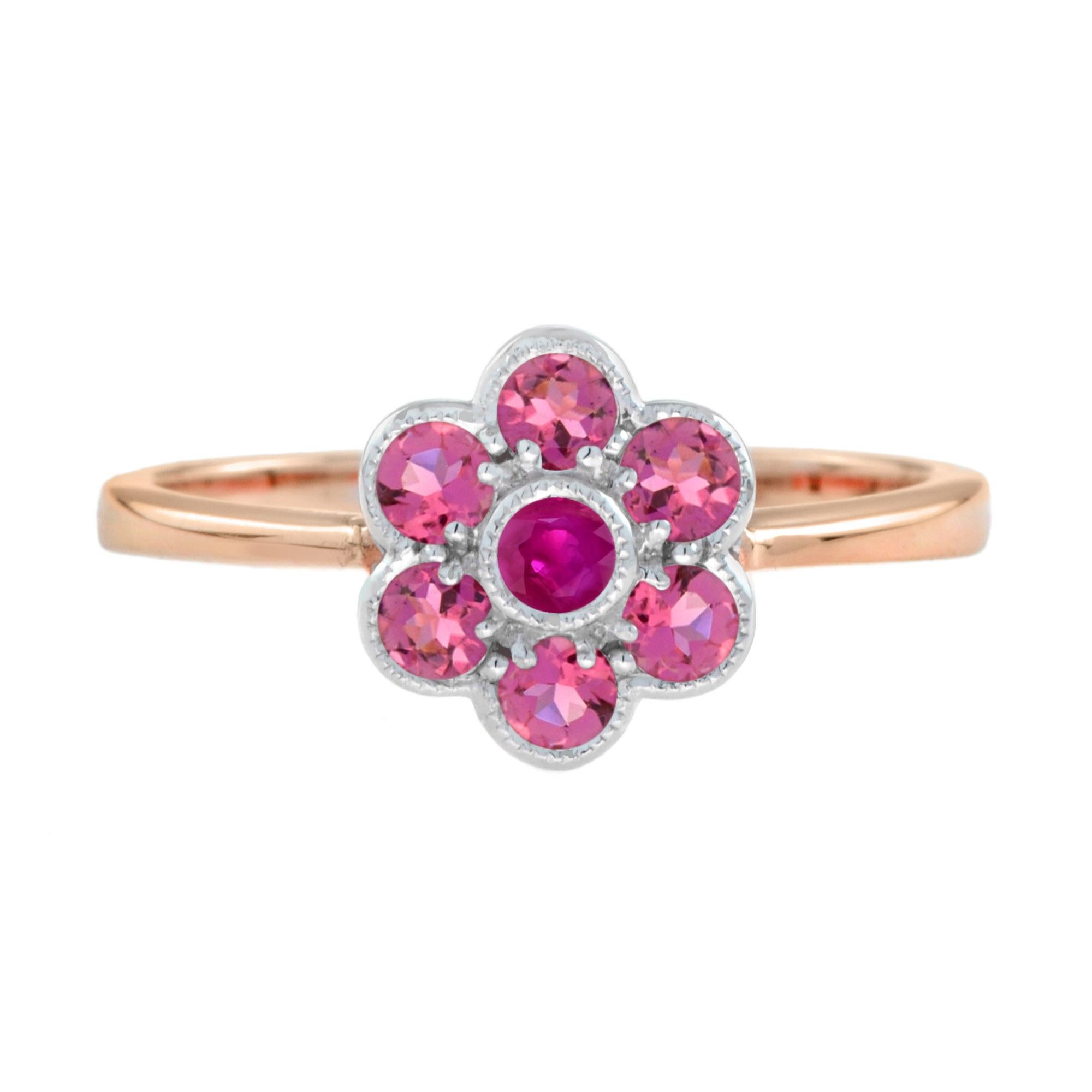 A lovely design of the iconic Edwardian style flower cluster ring, earrings and pendant jewelry set, featuring round ruby for their centers and round cut striking pink tourmaline beautifully set into 14k rose gold.
Ring Information
Style: