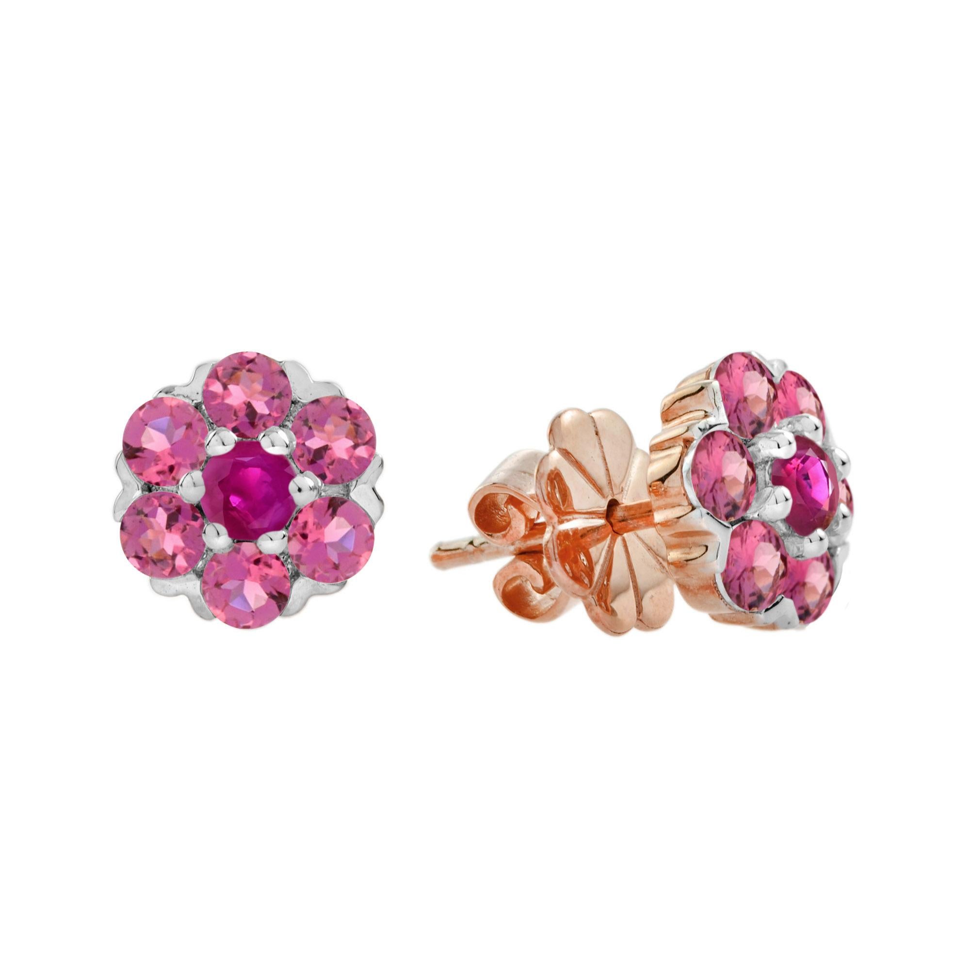 Edwardian Red Ruby & Pink Tourmaline Floral Vintage Inspired Jewelry 14K Rose Gold Set For Sale