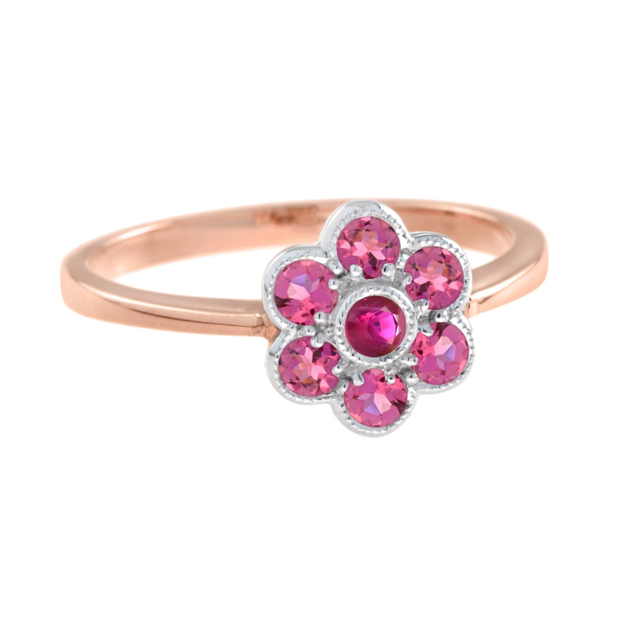 Red Ruby & Pink Tourmaline Floral Vintage Inspired Jewelry 14K Rose Gold Set For Sale 2