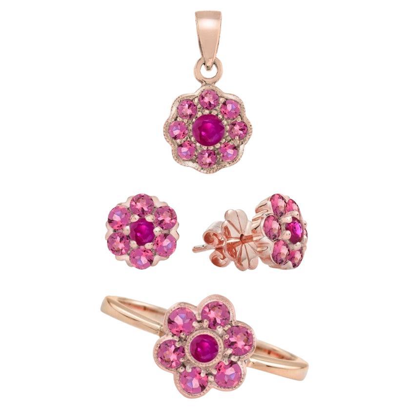 Red Ruby & Pink Tourmaline Floral Vintage Inspired Jewelry 14K Rose Gold Set