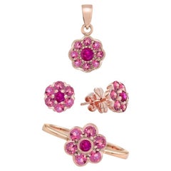 Red Ruby & Pink Tourmaline Floral Vintage Inspired Jewelry 14K Rose Gold Set