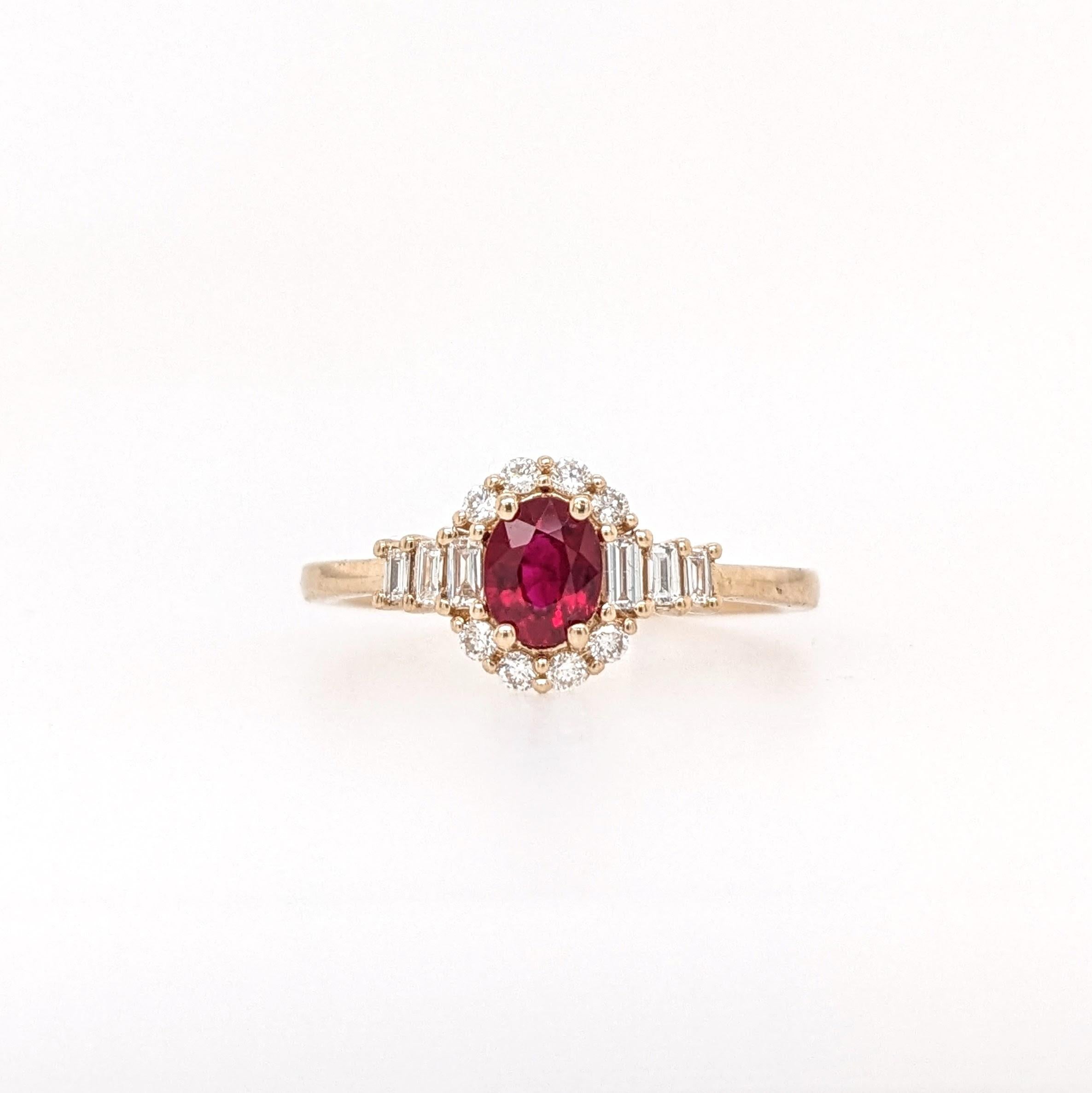 This beautiful ring features a 0.47 carat oval Ruby gemstone with natural earth mined diamonds set in solid 14K gold. This Ruby ring makes a lovely July birthstone gift for your loved ones! 

Specifications

Item Type: Ring
Center