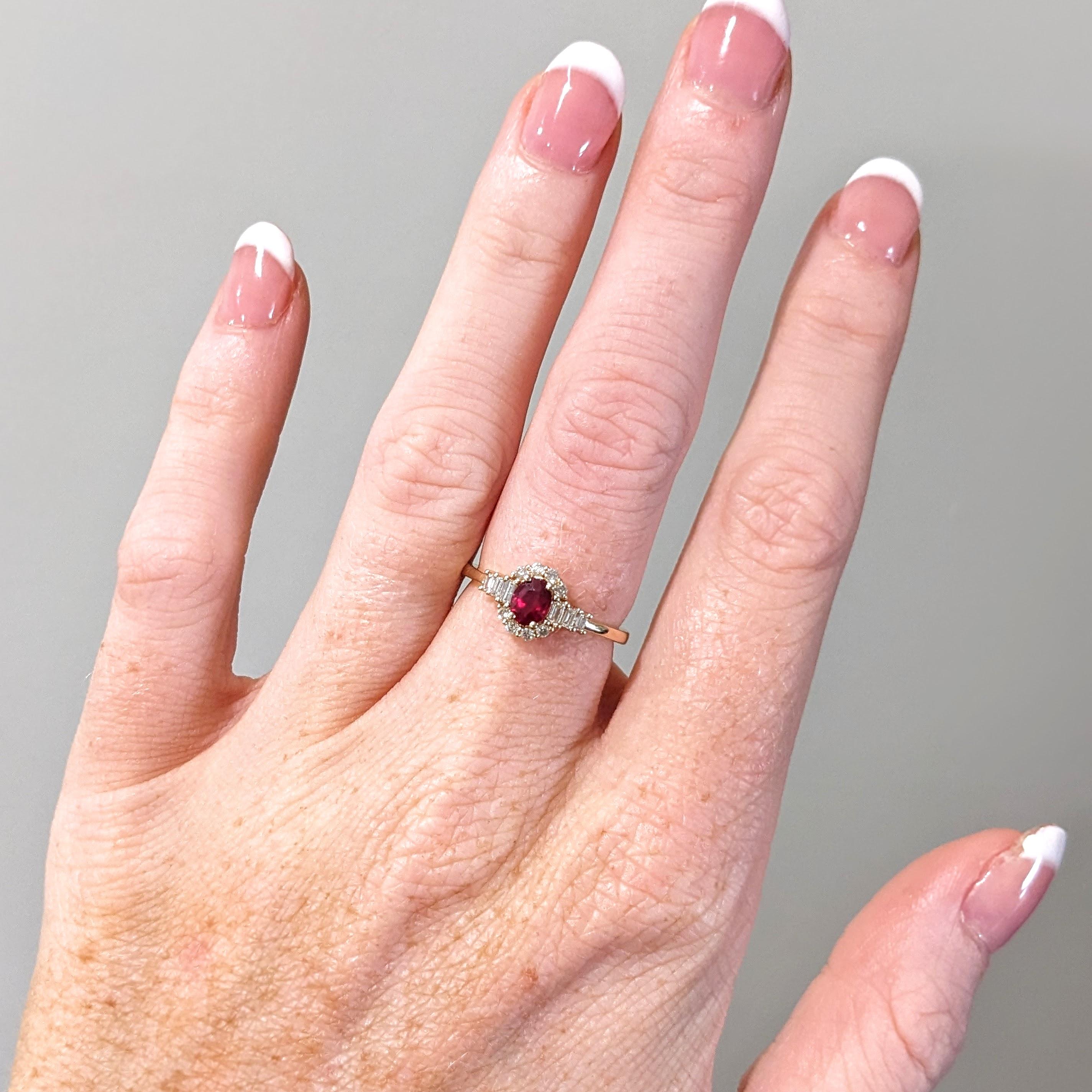 Red Ruby Ring w Earth Mined Diamonds in Solid 14K Yellow Gold Oval 5.5x4mm For Sale 2