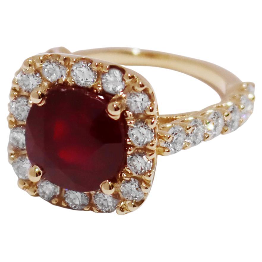Red Ruby Ring with Diamonds in Yellow Gold  For Sale