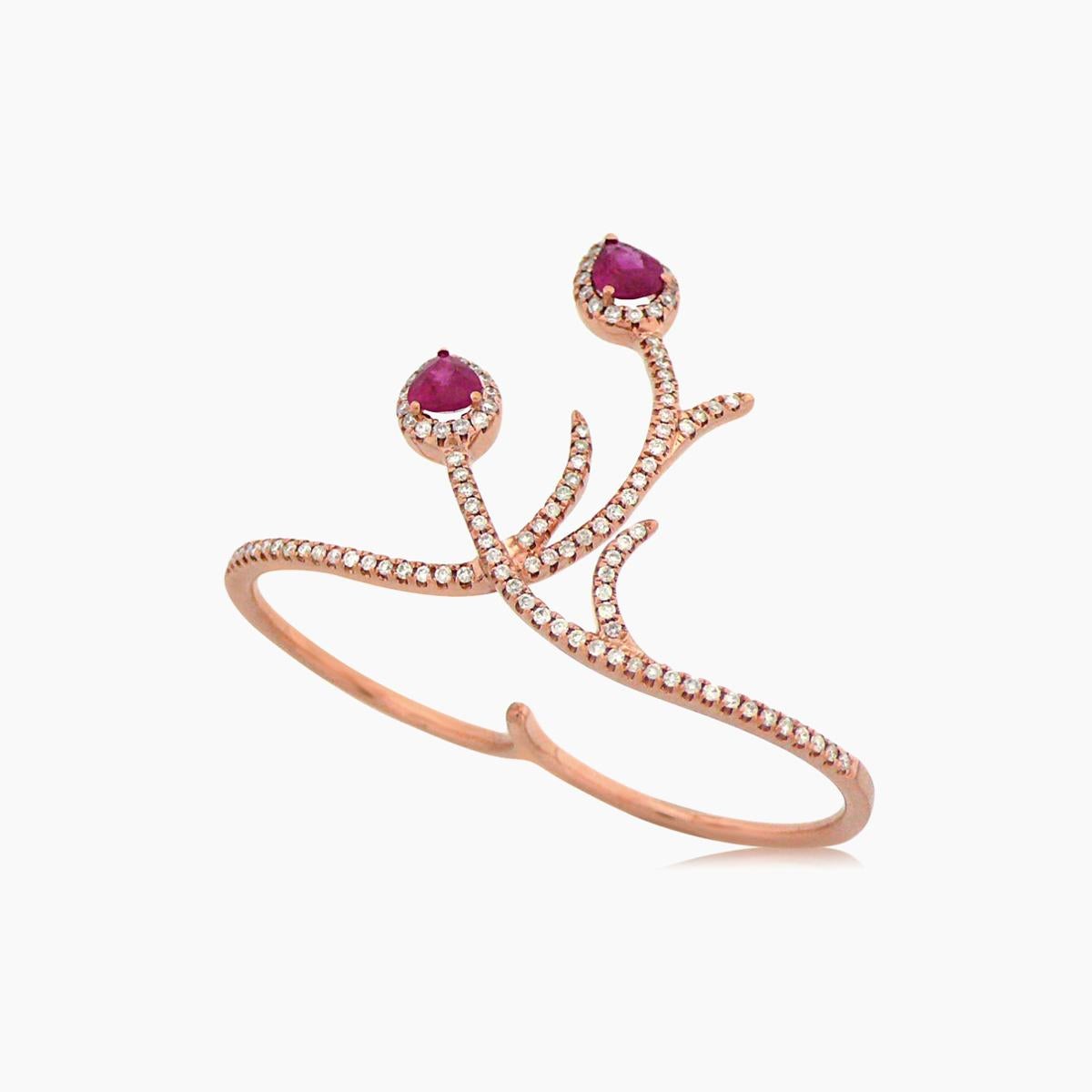 Red Ruby & White Diamond 18K Rose Gold Peacock Double Finger Ring In New Condition For Sale In Oakton, VA