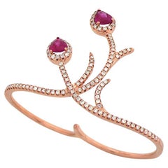 Red Ruby & White Diamond 18K Rose Gold Peacock Double Finger Ring