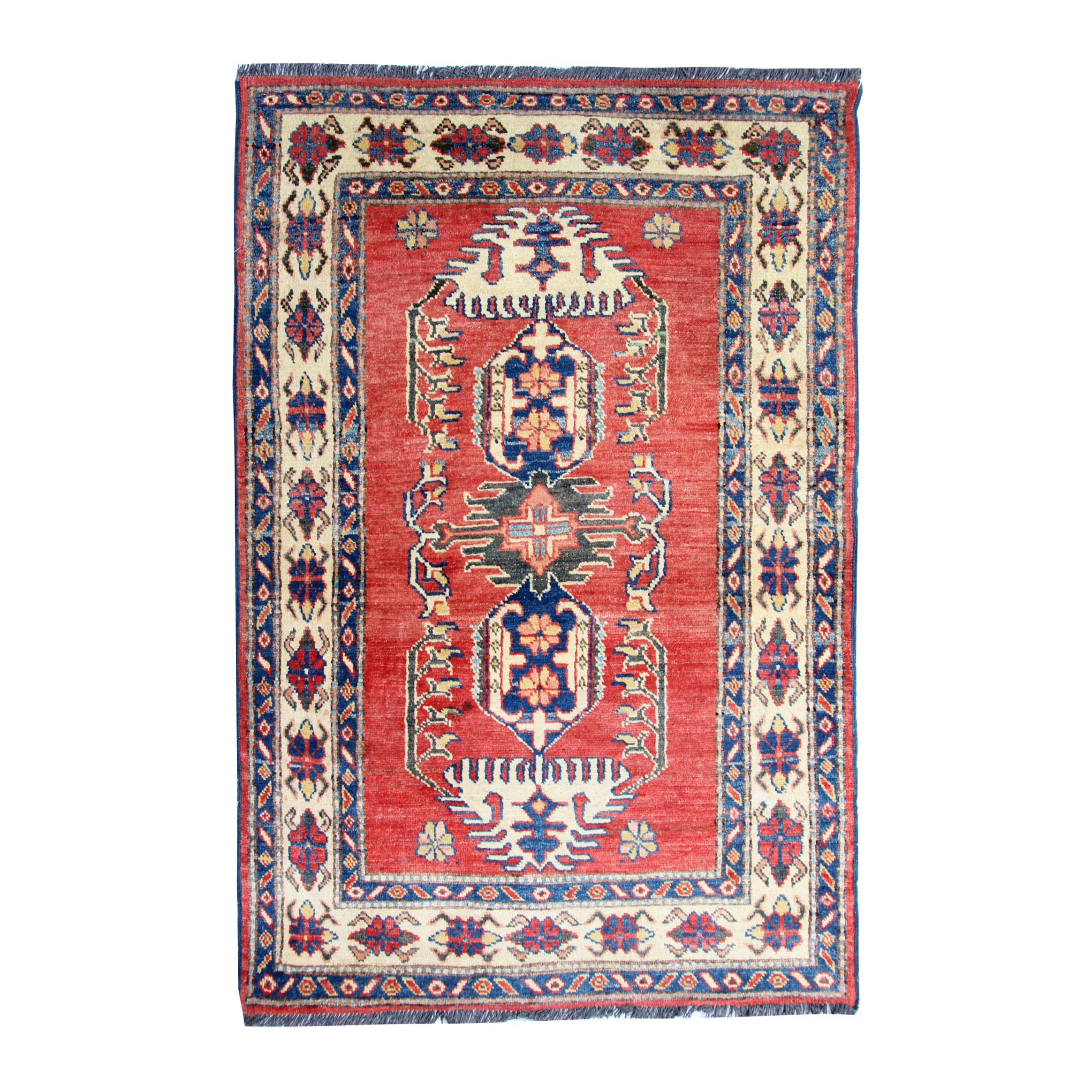 Red Rug Geometric Traditional Wool Carpet Handmade