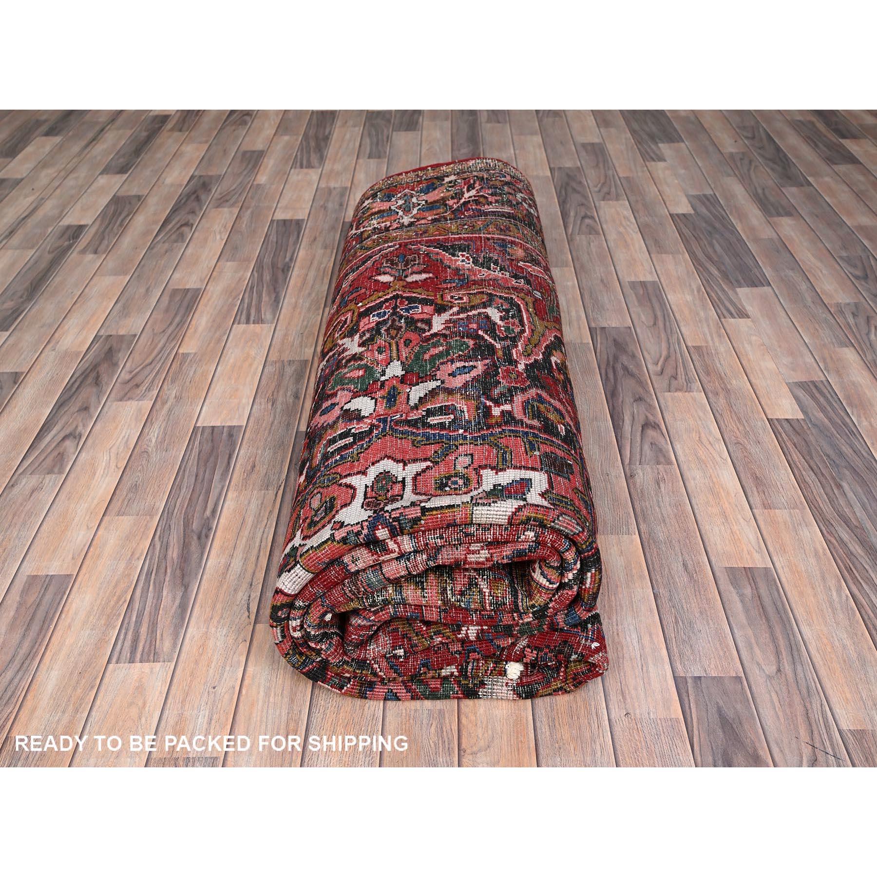 Red Rustic Feel Evenly Worn Pure Wool Hand Knotted Vintage Persian Heriz Rug For Sale 4