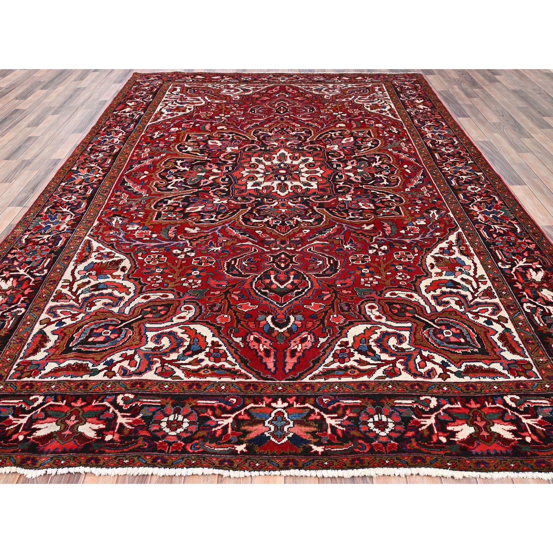 Heriz Serapi Red Rustic Feel Evenly Worn Pure Wool Hand Knotted Vintage Persian Heriz Rug For Sale