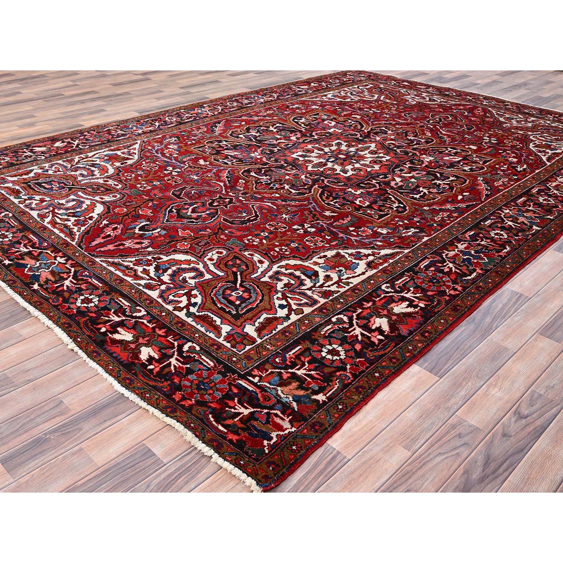 Hand-Knotted Red Rustic Feel Evenly Worn Pure Wool Hand Knotted Vintage Persian Heriz Rug For Sale