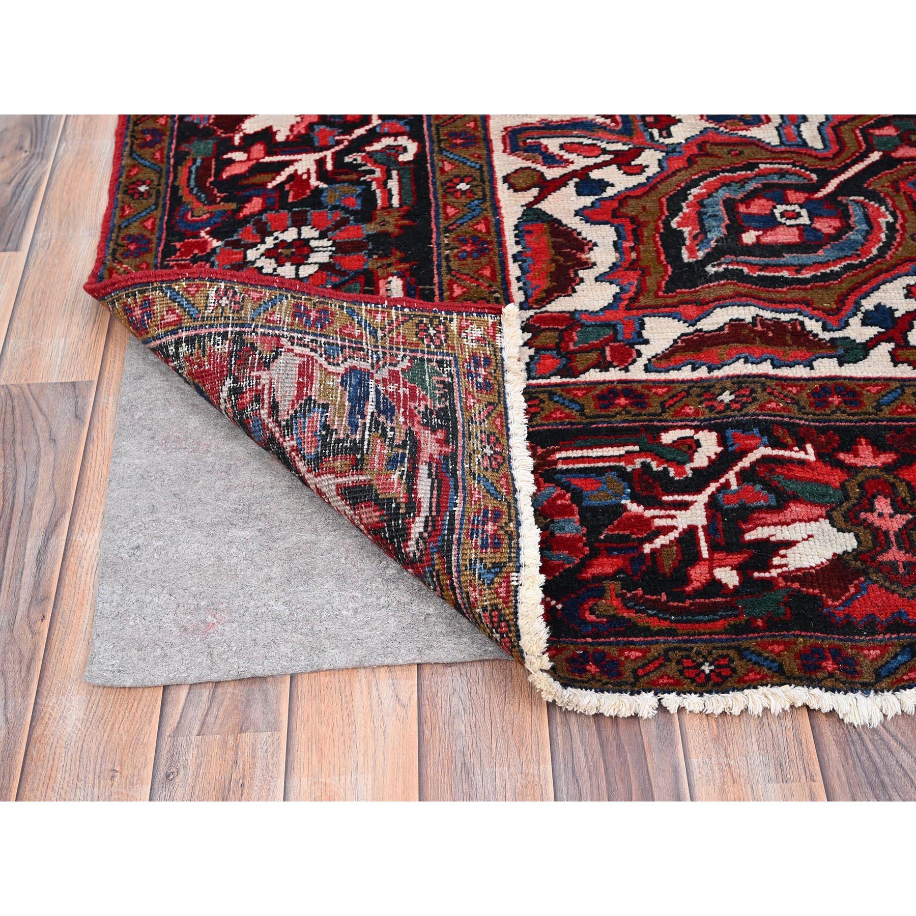 Red Rustic Feel Evenly Worn Pure Wool Hand Knotted Vintage Persian Heriz Rug In Good Condition For Sale In Carlstadt, NJ