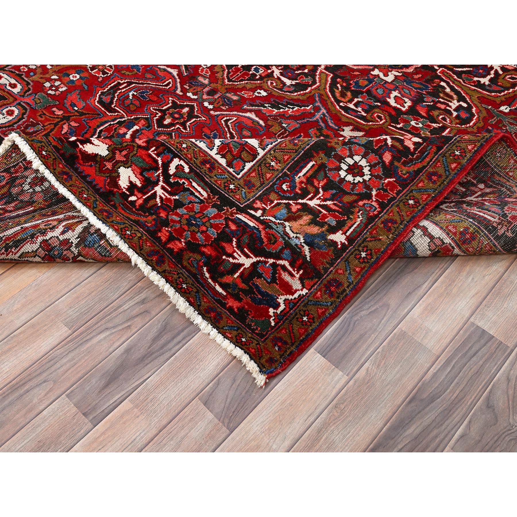 Red Rustic Feel Evenly Worn Pure Wool Hand Knotted Vintage Persian Heriz Rug 1