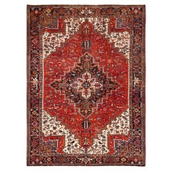 Red Rustic Feel Pure Wool Hand Knotted Vintage Bohemian Persian Heriz Clean Rug