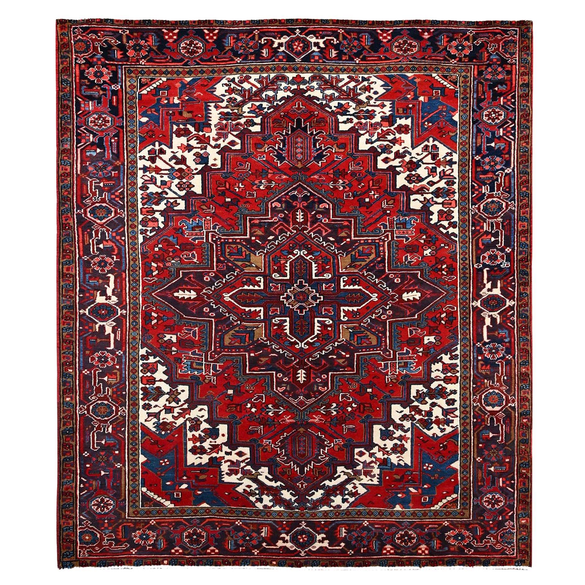Red Rustic Feel Shiny Wool Hand Knotted Vintage Persian Heriz Clean Oriental Rug