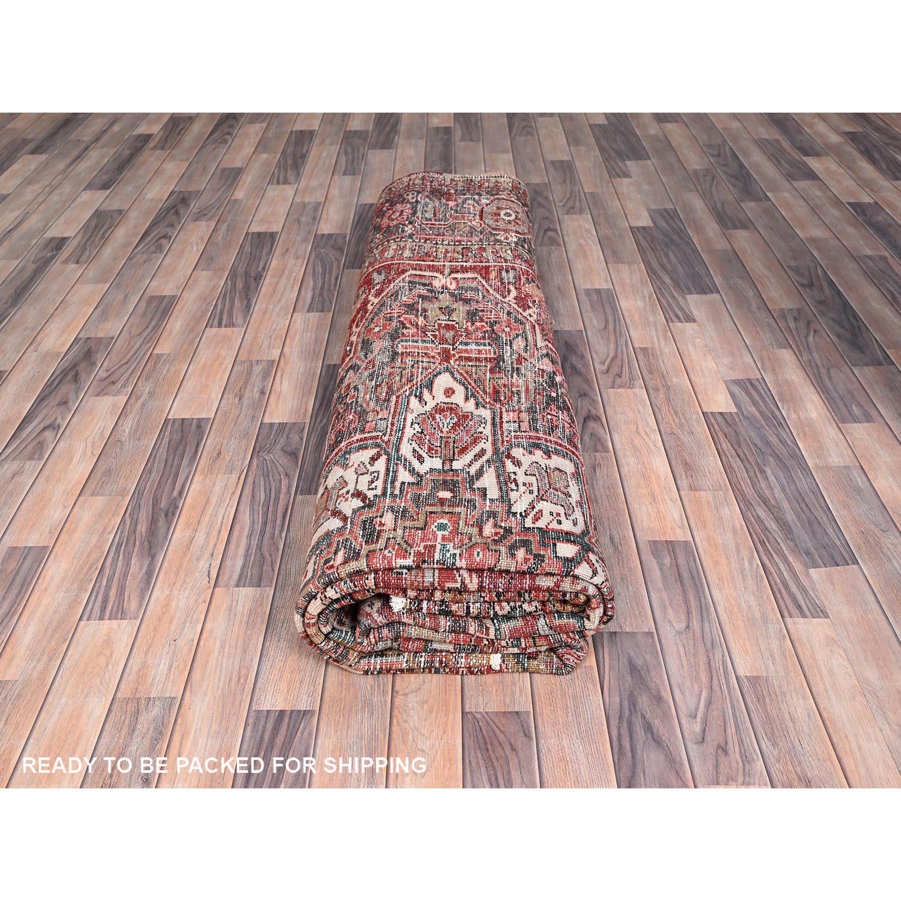 Red Rustic Feel Worn Wool Hand Knotted Vintage Persian Heriz Village Motif Rug For Sale 5