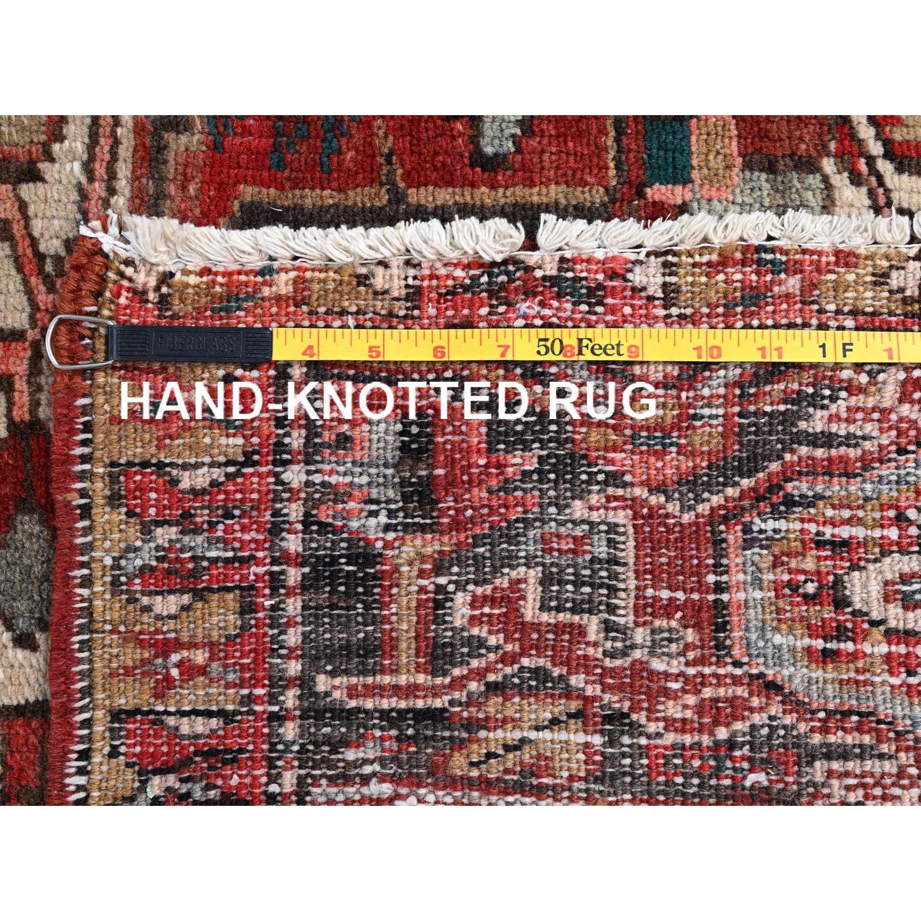 Red Rustic Feel Worn Wool Hand Knotted Vintage Persian Heriz Village Motif Rug For Sale 7
