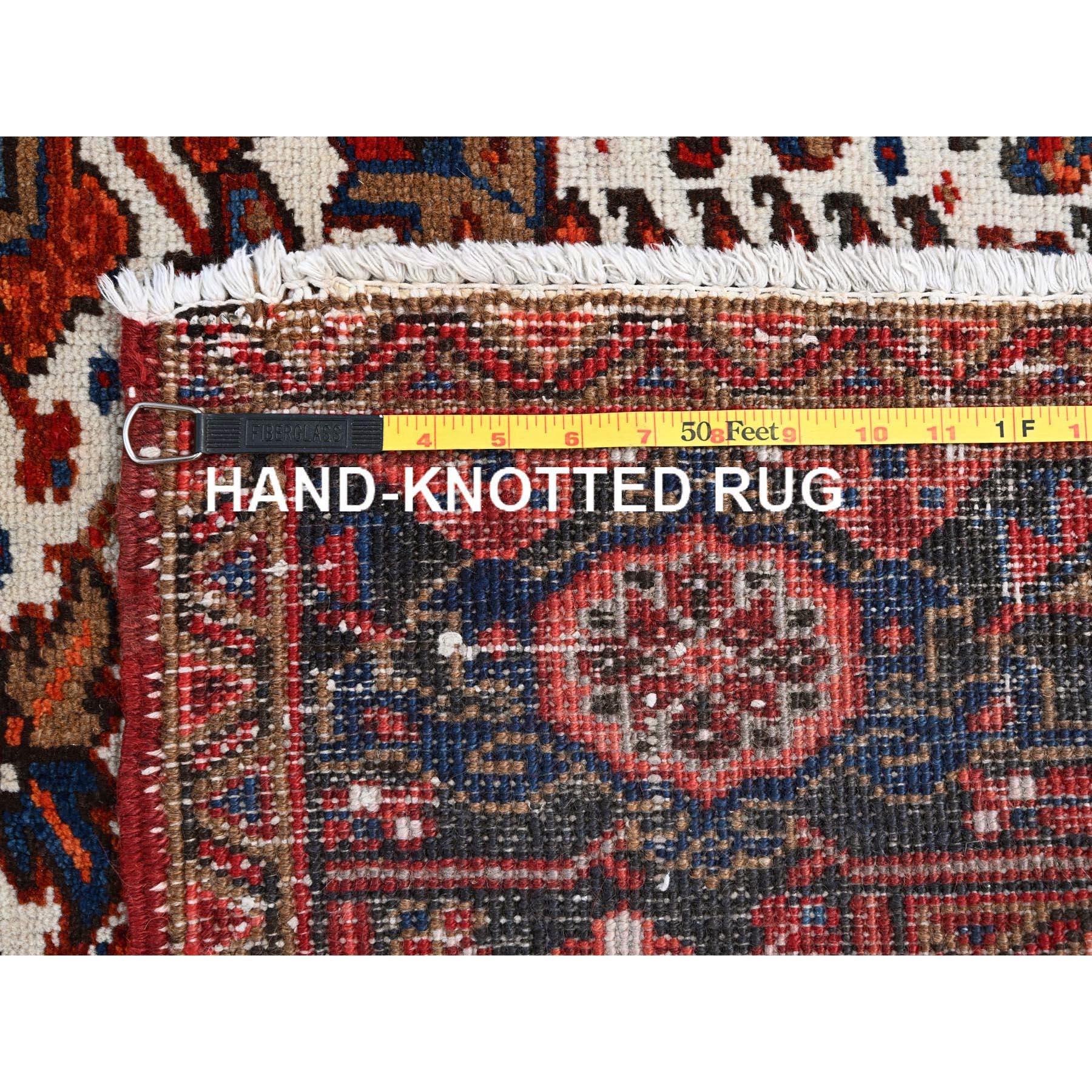 Red Rustic Feel Worn Wool Hand Knotted Vintage Persian Heriz Village Motif Rug For Sale 7