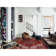 Tappeto rosso rustico in lana usurata annodato a mano con motivo persiano vintage Heriz Village