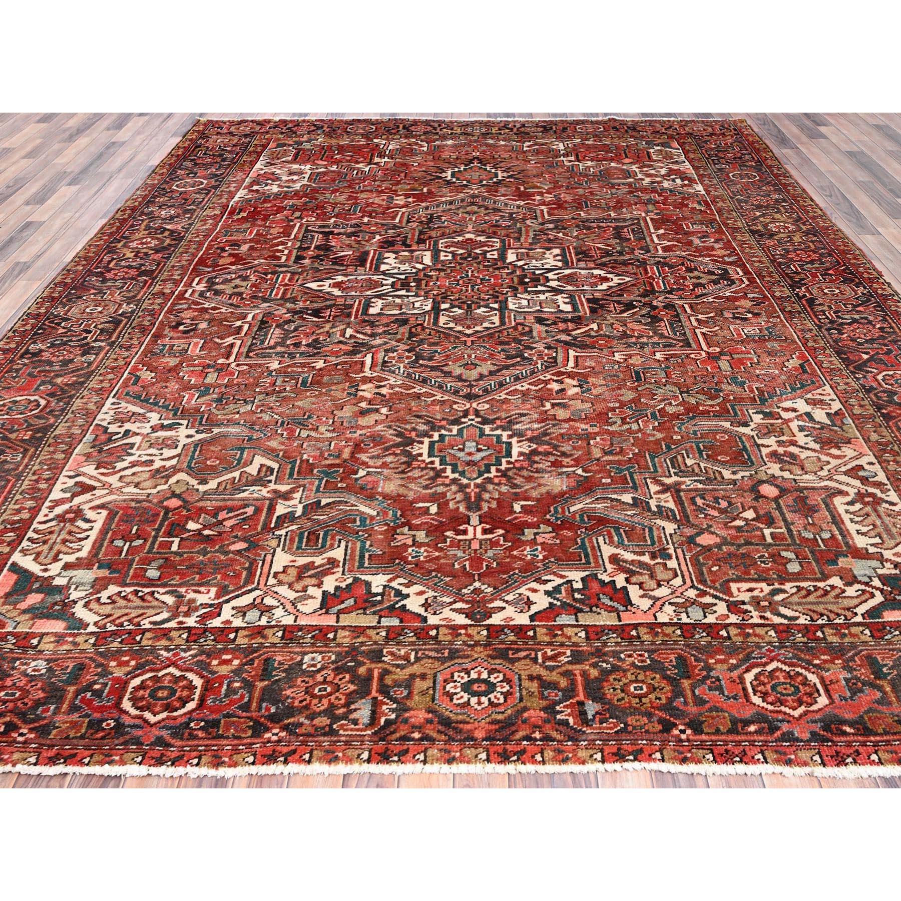 Hand-Knotted Red Rustic Feel Worn Wool Hand Knotted Vintage Persian Heriz Village Motif Rug For Sale
