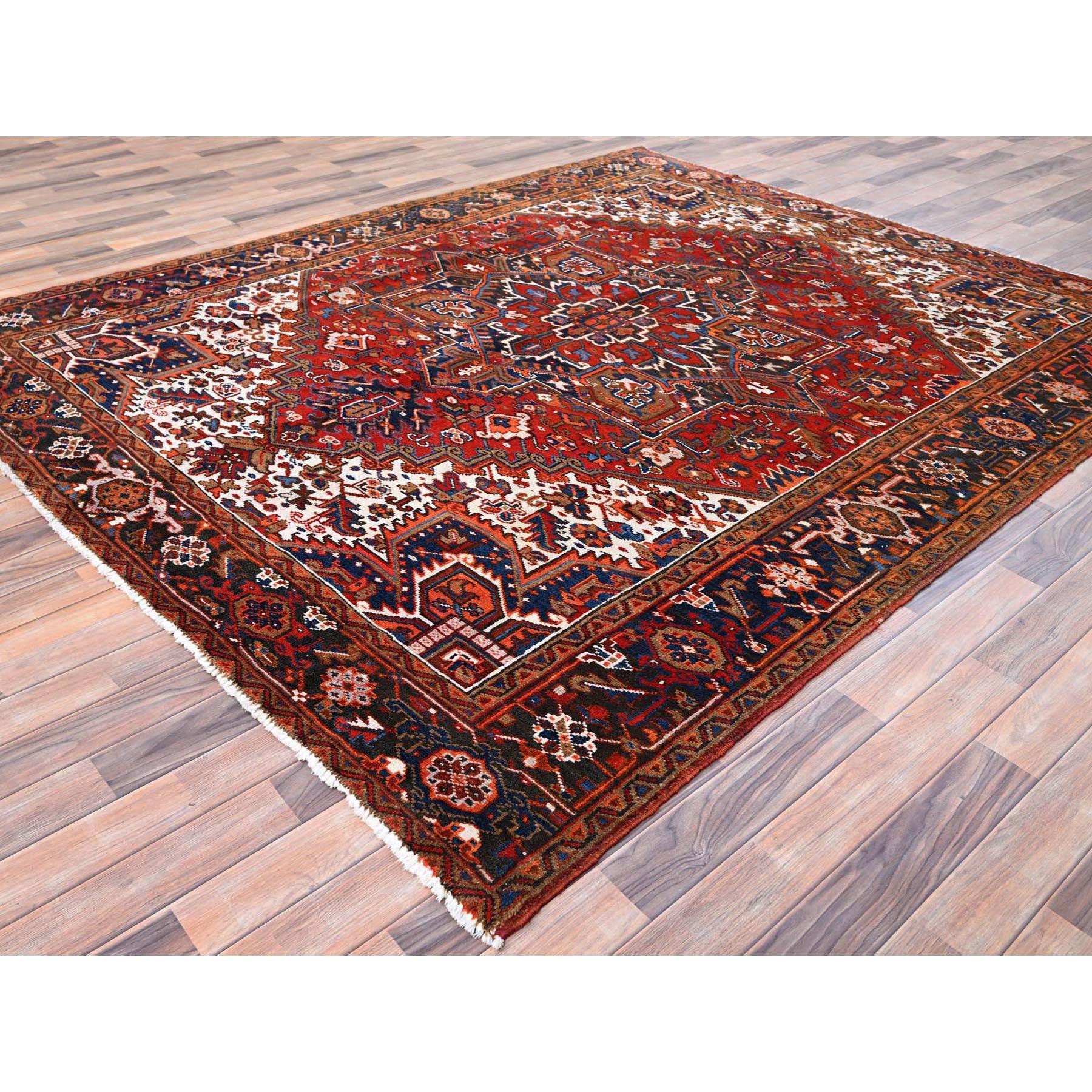 Red Rustic Feel Worn Wool Hand Knotted Vintage Persian Heriz Village Motif Rug In Good Condition For Sale In Carlstadt, NJ