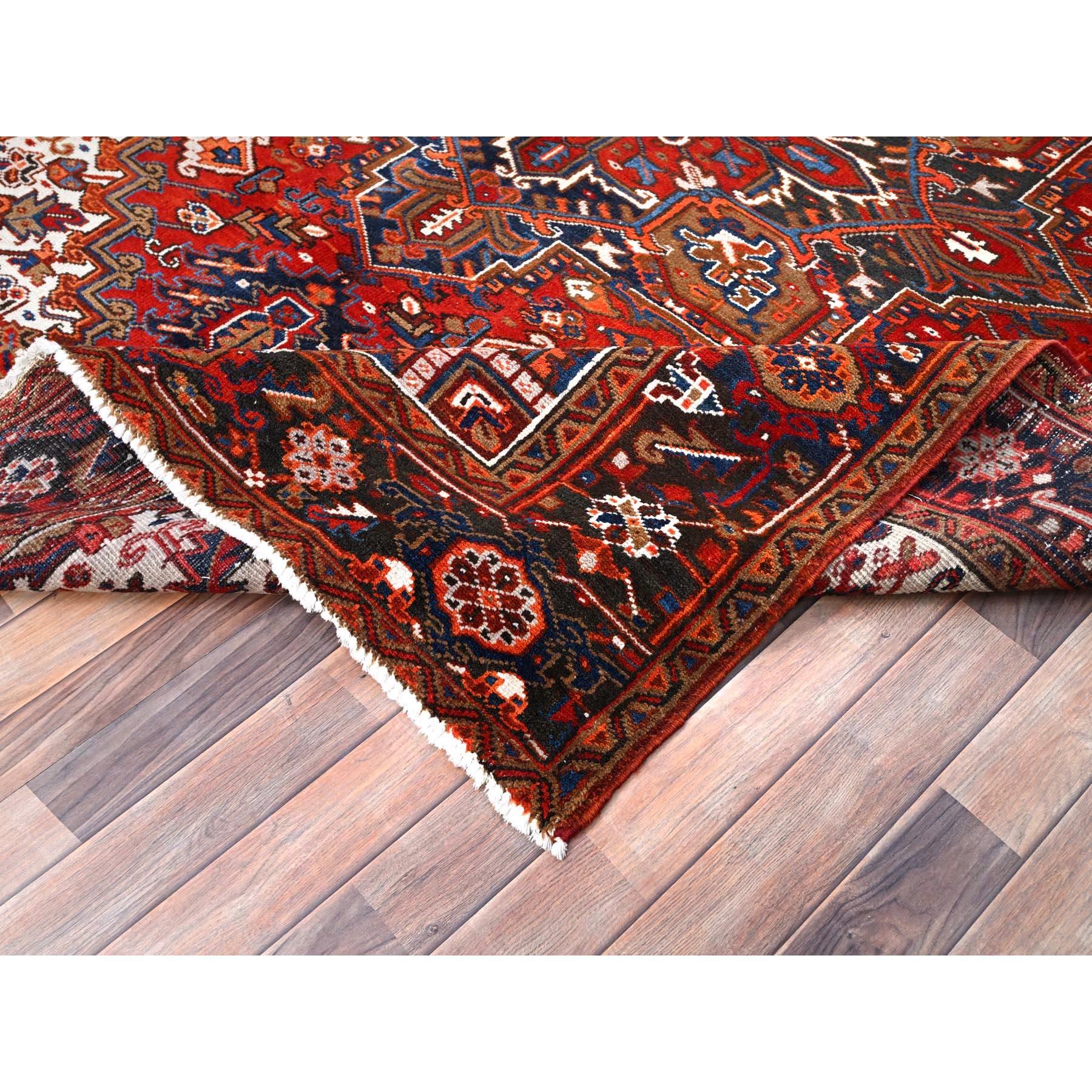 Red Rustic Feel Worn Wool Hand Knotted Vintage Persian Heriz Village Motif Rug For Sale 1
