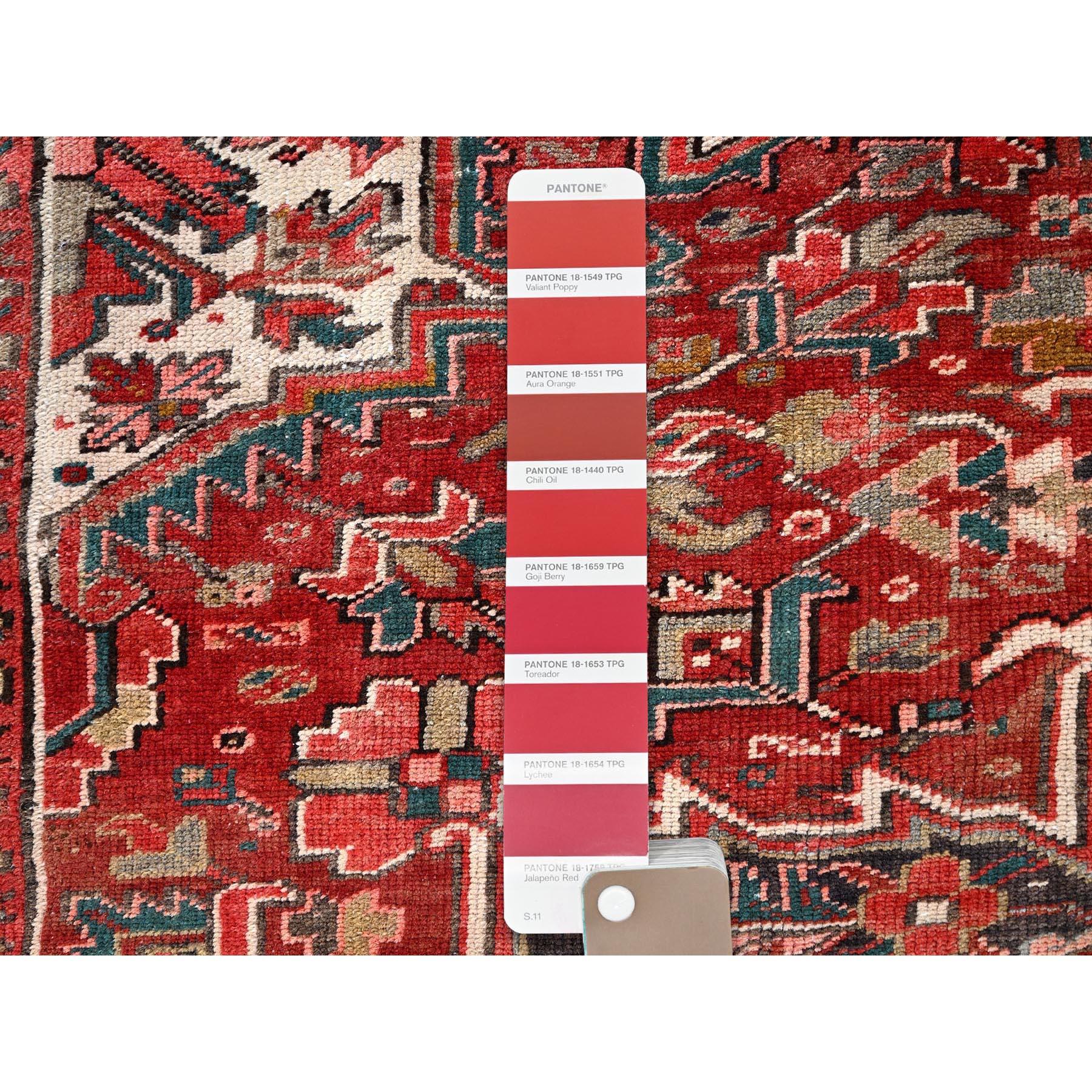 Red Rustic Feel Worn Wool Hand Knotted Vintage Persian Heriz Village Motif Rug For Sale 3