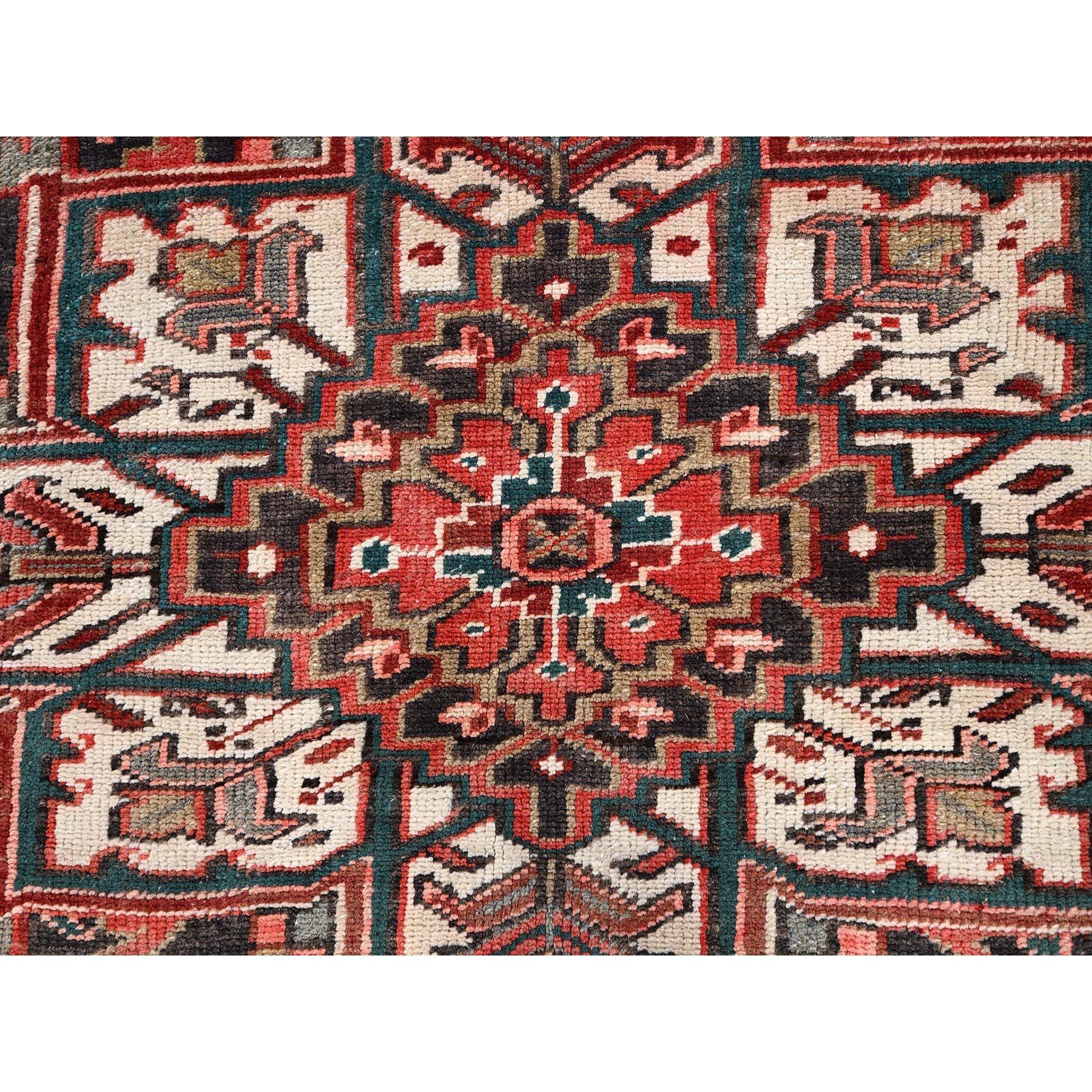 Red Rustic Feel Worn Wool Hand Knotted Vintage Persian Heriz Village Motif Rug For Sale 4