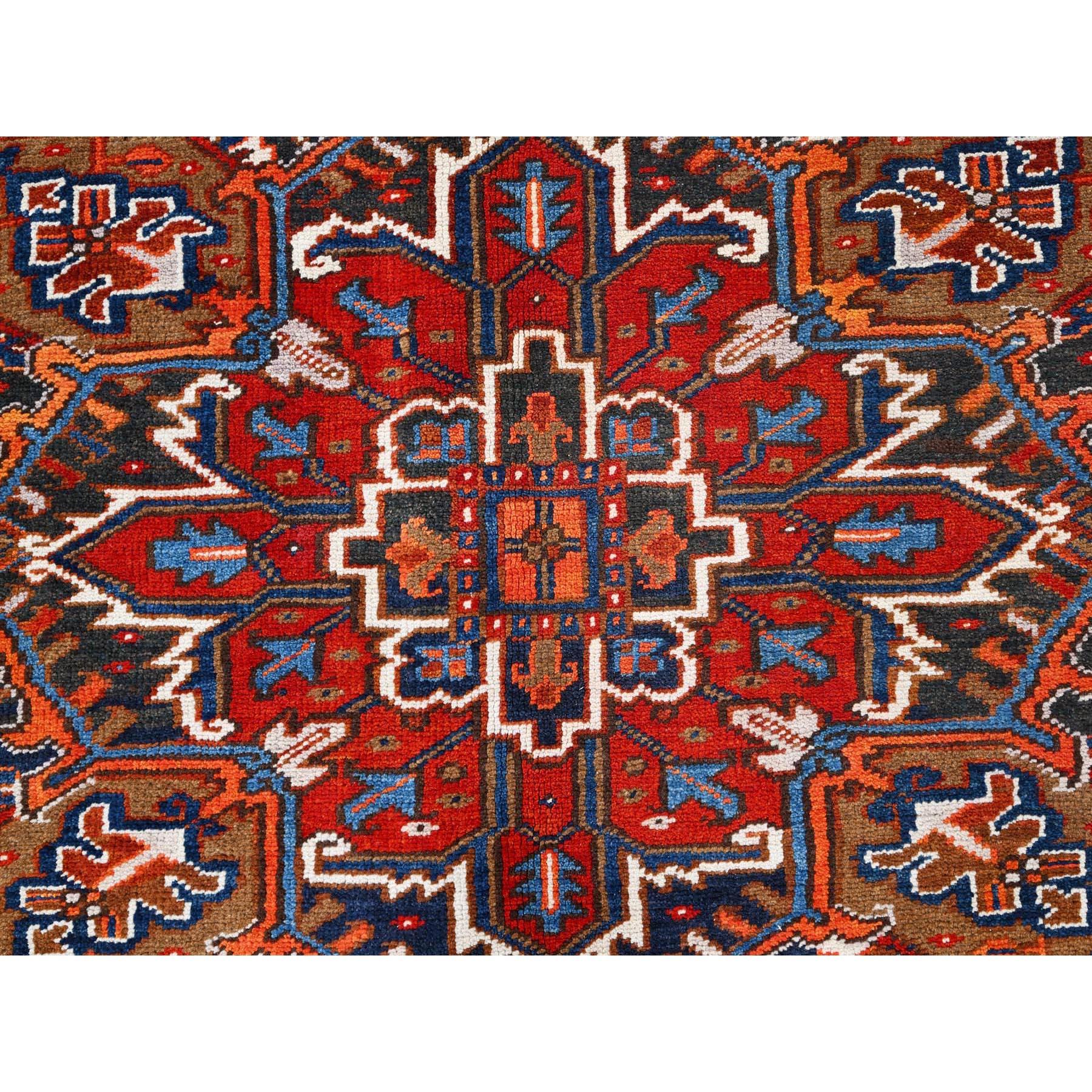 Red Rustic Feel Worn Wool Hand Knotted Vintage Persian Heriz Village Motif Rug For Sale 3
