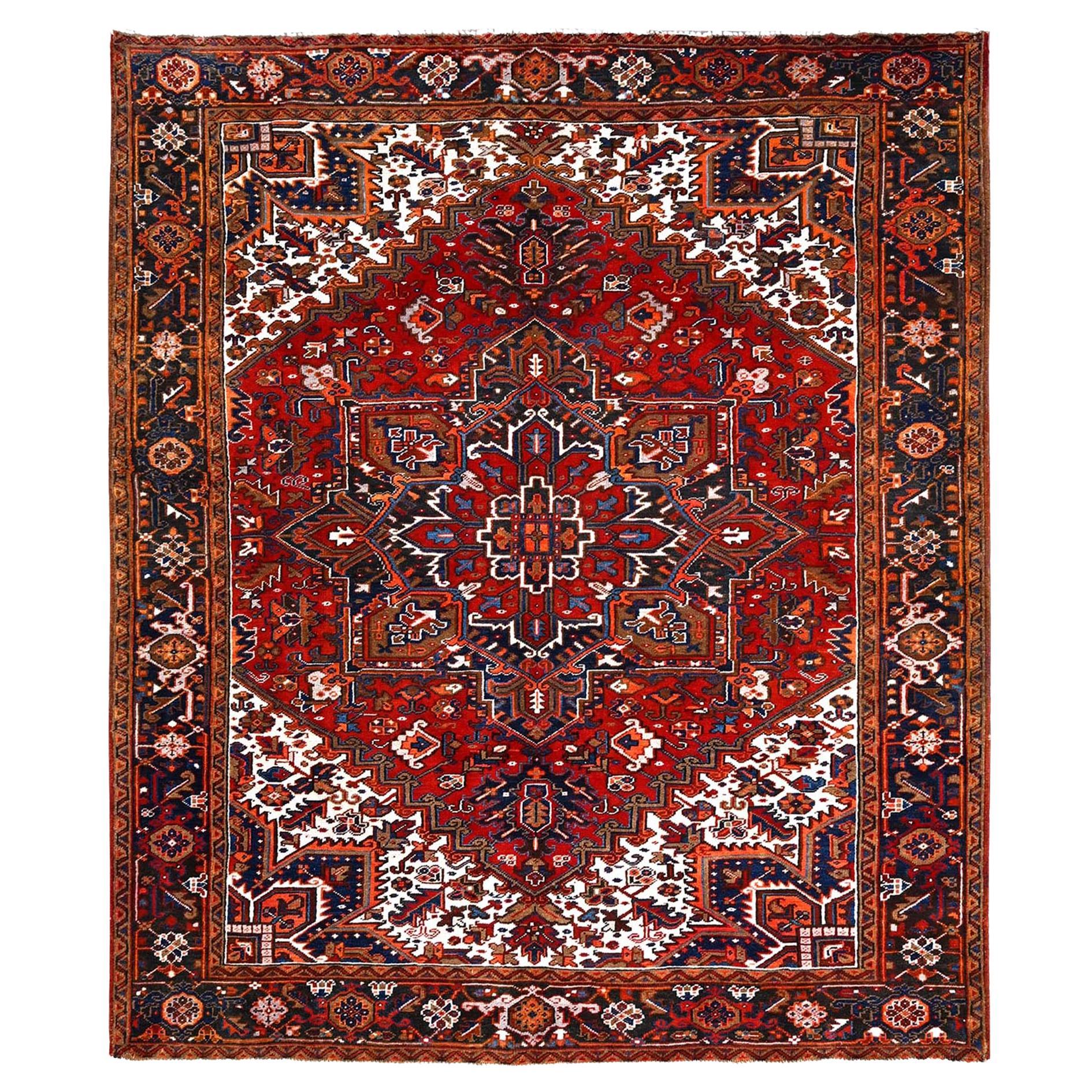 Red Rustic Feel Worn Wool Hand Knotted Vintage Persian Heriz Village Motif Rug For Sale