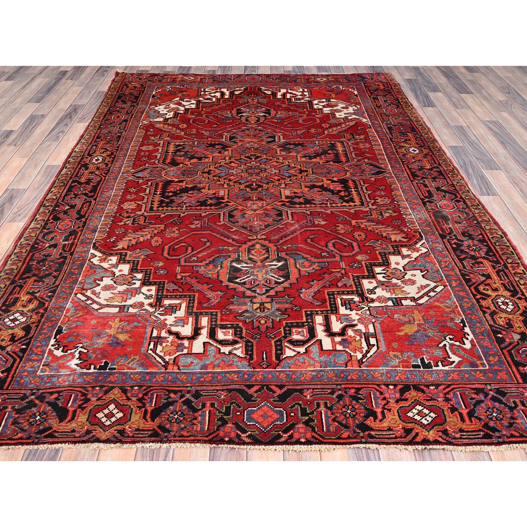 Hand-Knotted Red Rustic Look Clean Abrash Pure Wool Hand Knotted Vintage Persian Heriz Rug For Sale