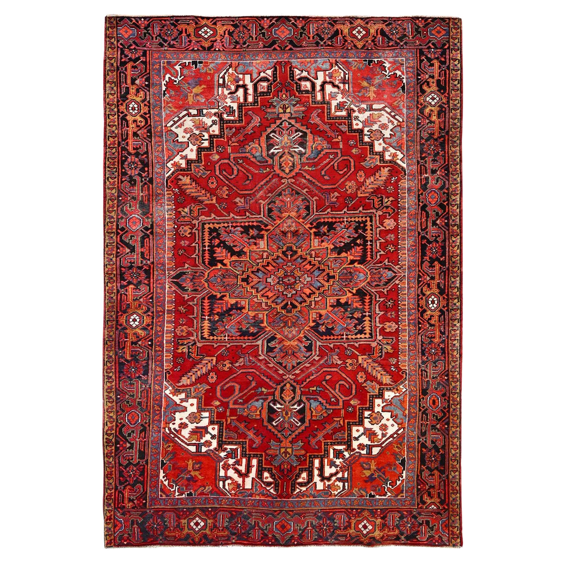 Red Rustic Look Clean Abrash Pure Wool Hand Knotted Vintage Persian Heriz Rug For Sale