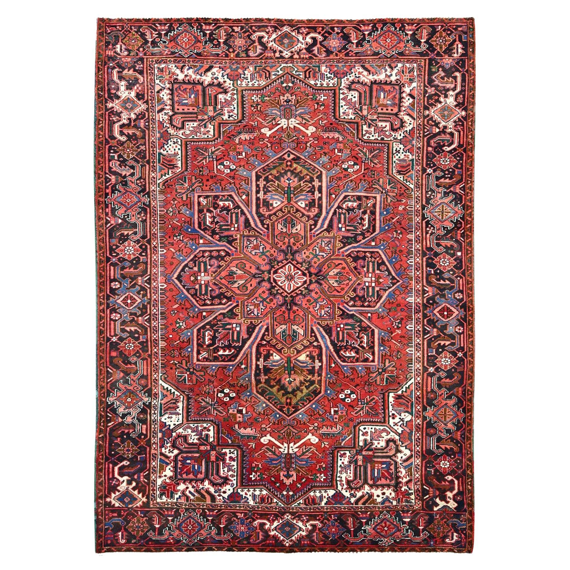 Red Rustic Look Clean Pure Wool Vintage Persian Heriz Hand Knotted Oriental Rug For Sale