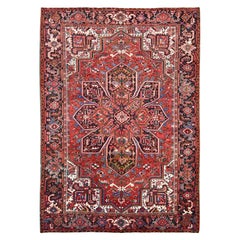 Rustikaler Vintage Persischer Heriz Handgeknüpfter Orientteppich aus reiner Wolle in Rot, Rustikaler Look