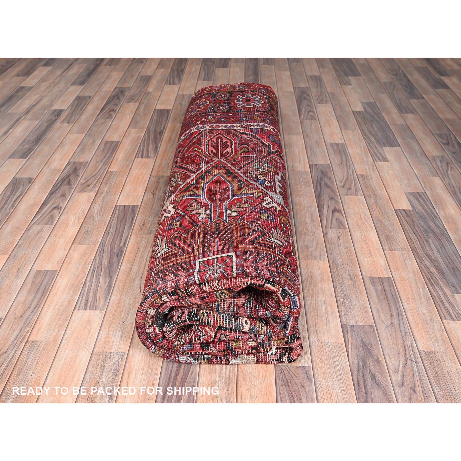 Red Rustic Look Pure Wool Hand Knotted Vintage Bohemian Persian Heriz Clean Rug For Sale 5