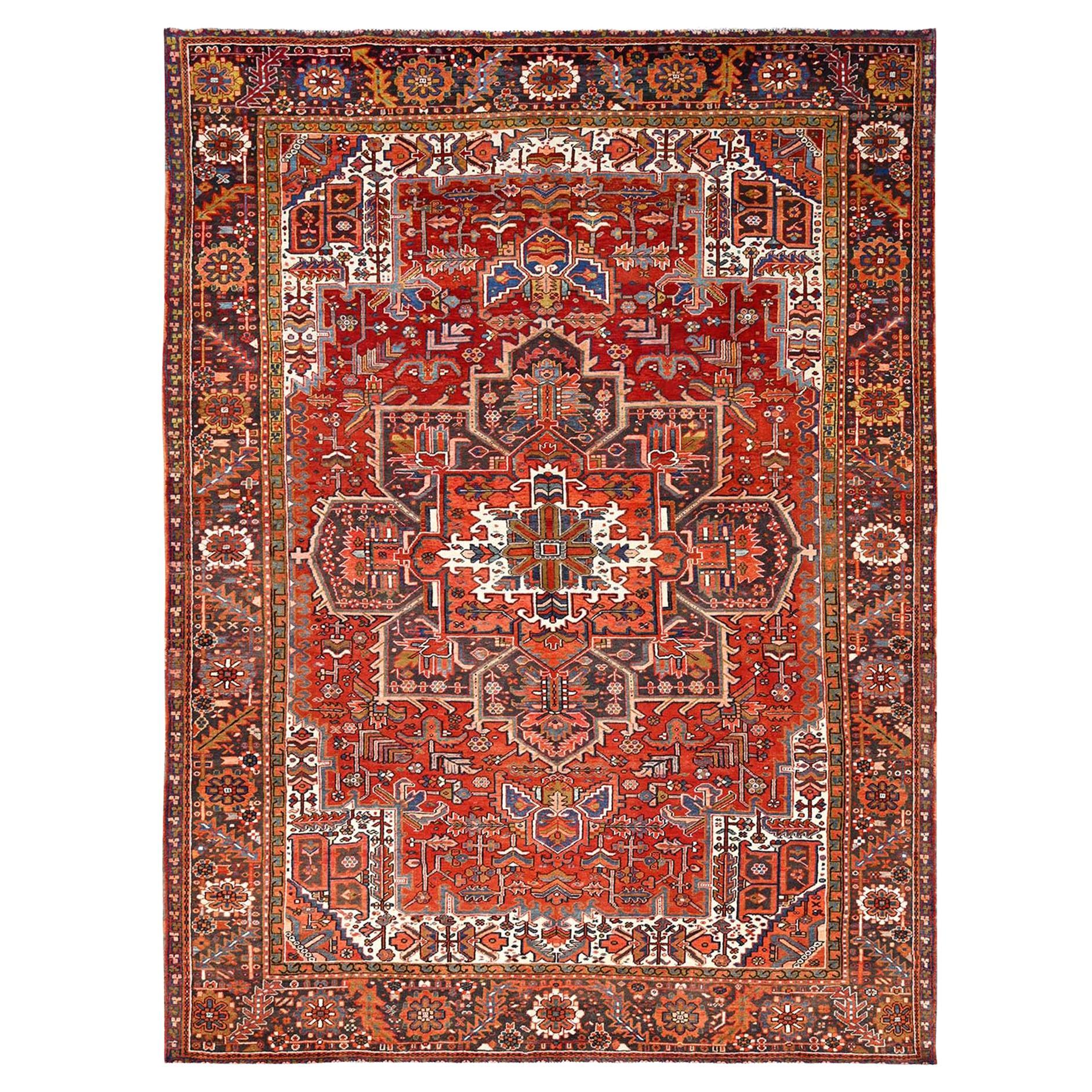 Red Rustic Look Pure Wool Hand Knotted Vintage Bohemian Persian Heriz Clean Rug For Sale