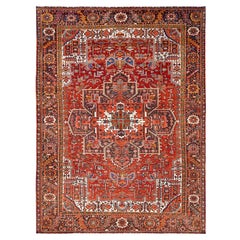 Red Rustic Look Pure Wool Hand Knotted Vintage Bohemian Persian Heriz Clean Rug