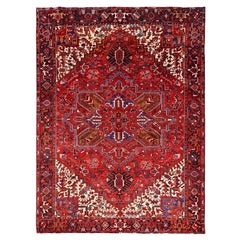 Red Rustic Look Pure Wool Hand Knotted Retro Bohemian Persian Heriz Clean Rug