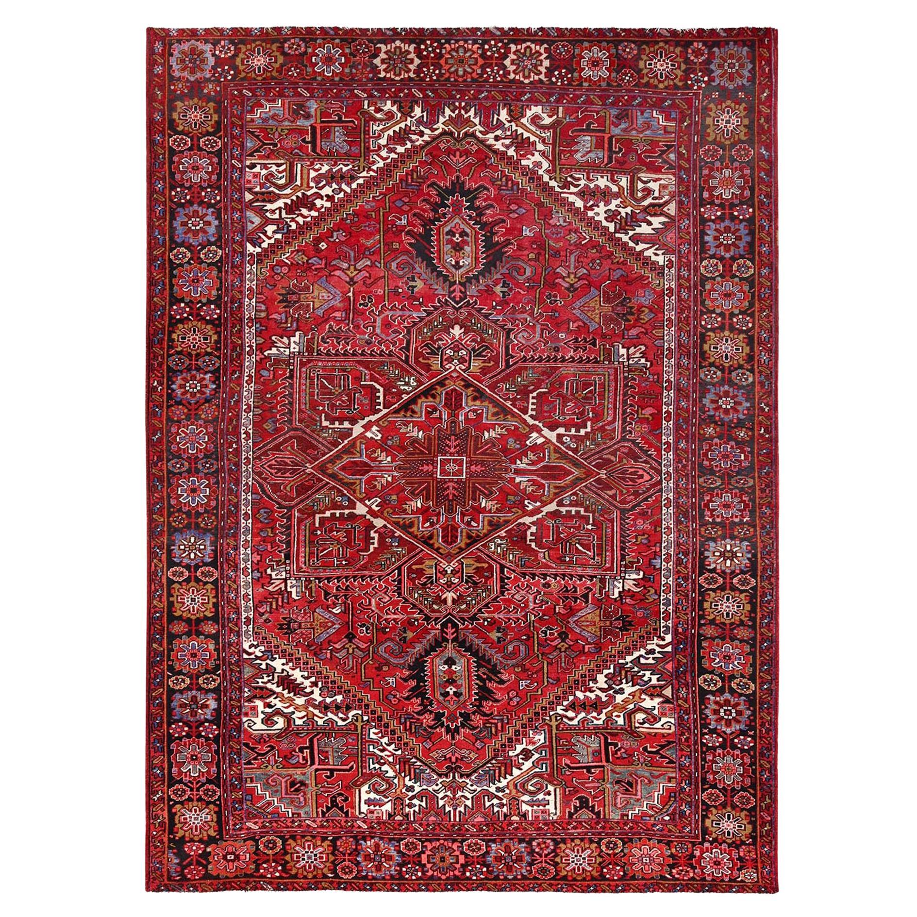 Red Rustic Look Pure Wool Hand Knotted Vintage Bohemian Persian Heriz Clean Rug For Sale