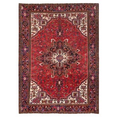 Red Rustic Look Wool Hand Knotted Vintage Bohemian Persian Heriz Cleaned Rug