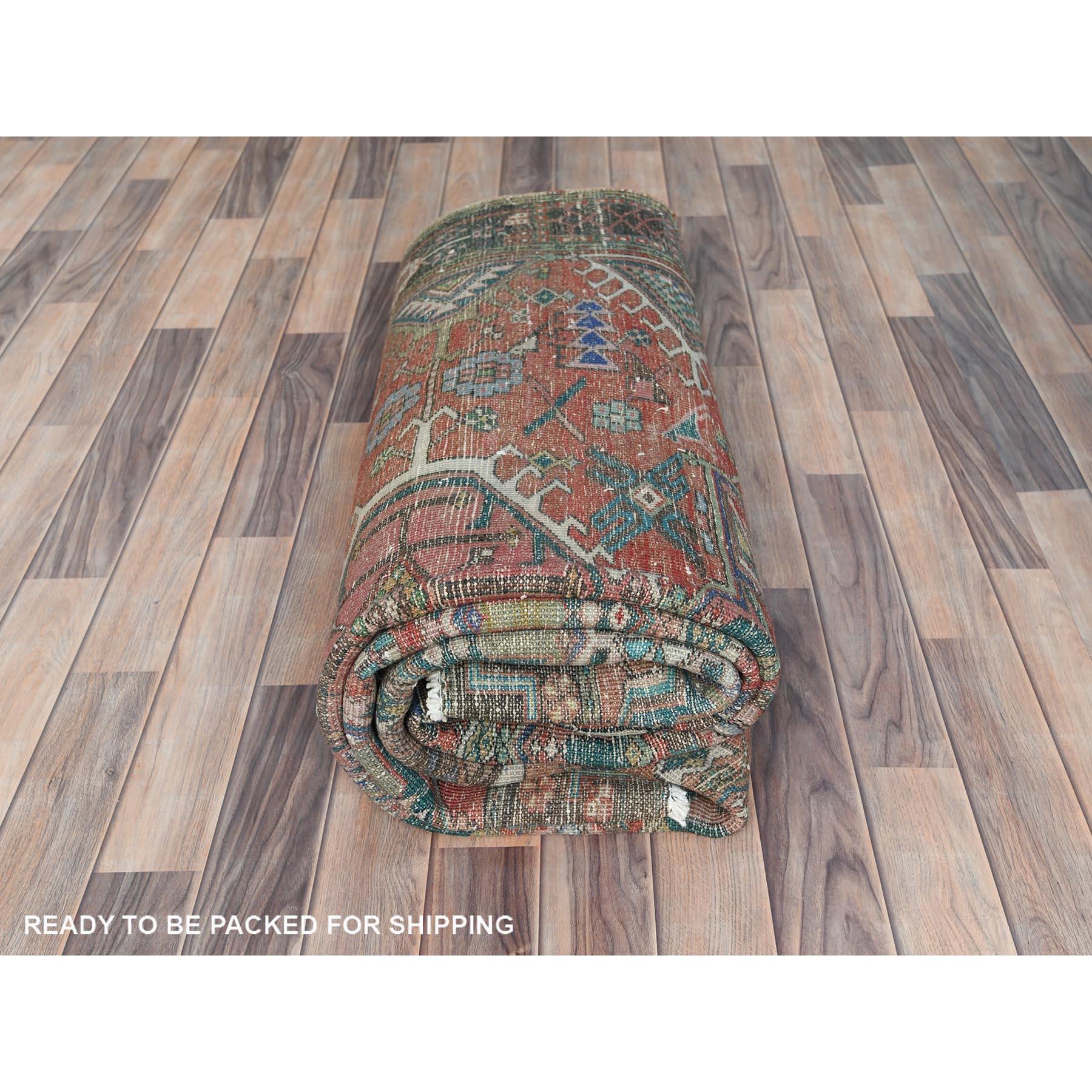 Red Rustic Look Worn Wool Hand Knotted Vintage Persian Heriz Shaved Down Rug 4