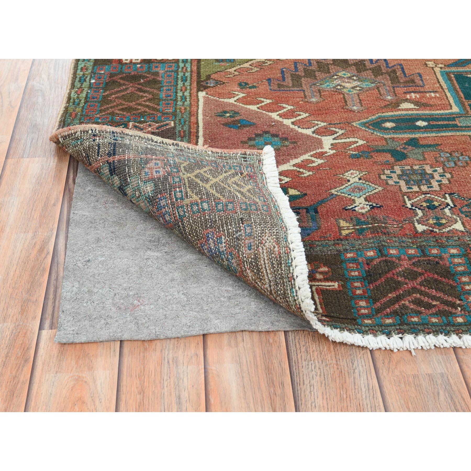 Red Rustic Look Worn Wool Hand Knotted Vintage Persian Heriz Shaved Down Rug In Good Condition In Carlstadt, NJ
