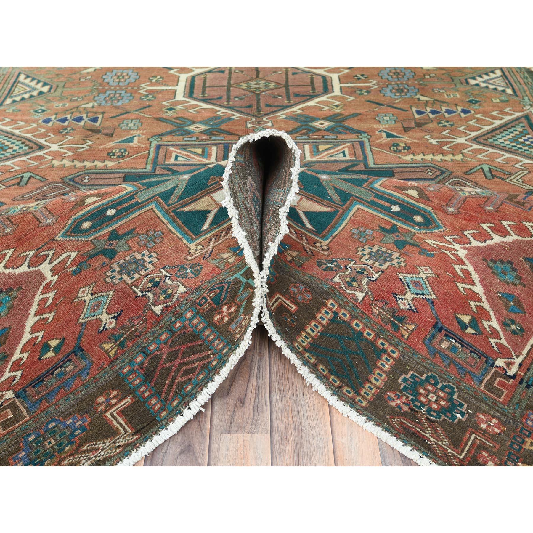 Mid-20th Century Red Rustic Look Worn Wool Hand Knotted Vintage Persian Heriz Shaved Down Rug